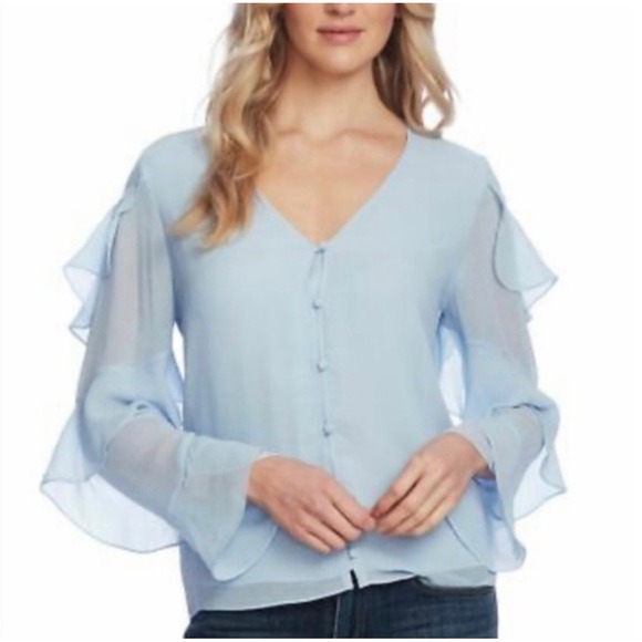 Vince Camuto Tops - Vince Camuto‎ Light Blue Ruffle Long Sleeve Chiffon Blouse M NWT Button Front